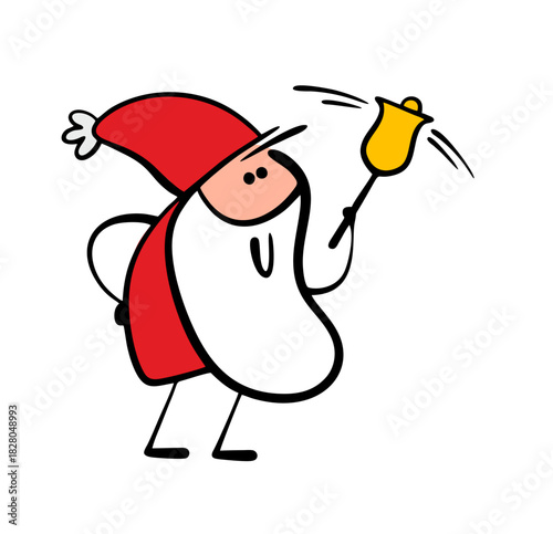 Funny cartoon Santa Claus rings a golden bell, giving a signal for the beginning of Christmas or new year.  Vector illustration of a fairy-tale character playing a melody on the street, loves music.