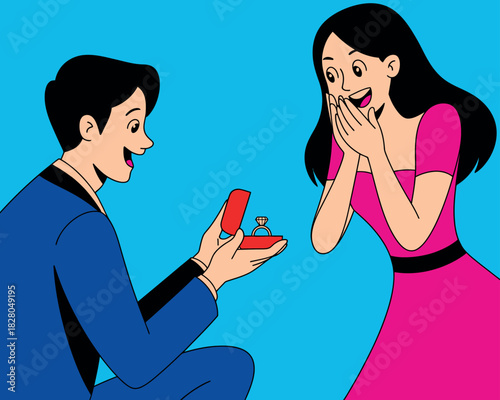 A man proposes to a woman with a ring, and she appears overjoyed and surprised.