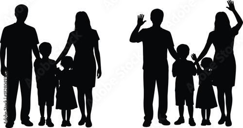 Family Silhouette Set of Parents and Two Children Representing Happiness Parenthood Protection and People Waving Gesture on White Background