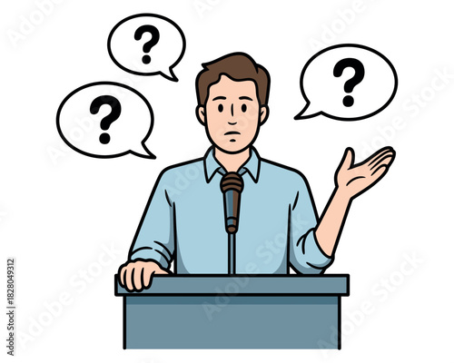 A man stands behind a podium with question marks floating above his head.