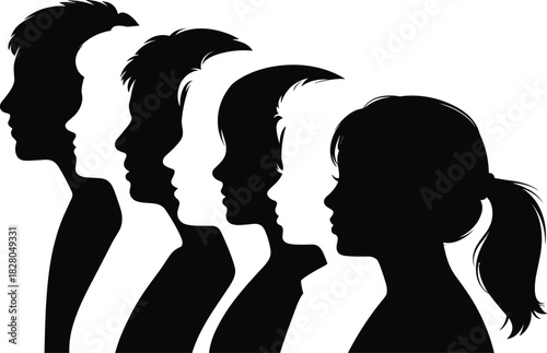Generational Diversity Silhouette Profile, Family Lineage, Multicultural Group, Identity, Human Heads, Unity, Life Stages, Vector Graphic, Black and White, Progress