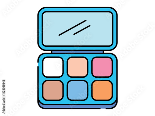 A bright and colorful eyeshadow palette with six different shades and a mirror sits open.
