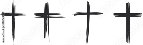 Grungy Brush Stroke Crosses Collection: Distressed Hand Drawn Christian Religious Symbol of Faith, Resurrection, and Spirituality in Black Ink Art