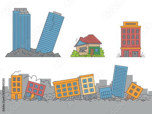 Buildings are depicted in various states of damage after an earthquake, illustrating destruction.