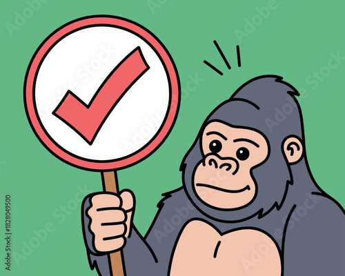 A stylized gorilla holds a sign with a red checkmark, indicating approval or correctness.