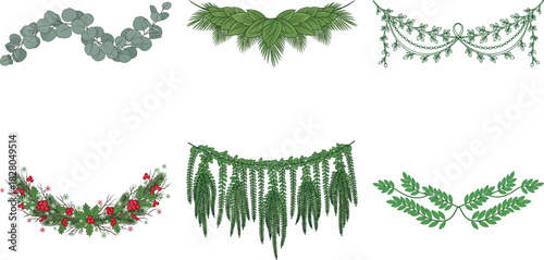 Collection of six different floral garlands isolated on transparent background, perfect for adding a touch of nature