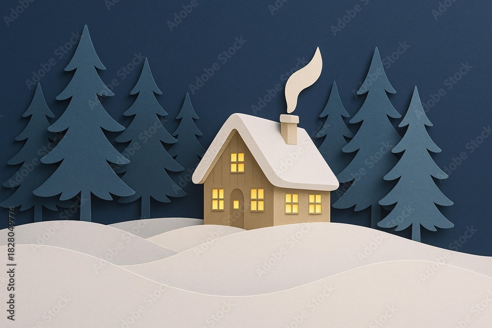 Fototapeta premium Cozy Winter Cottage in a Paper Cut Christmas Landscape with Snowy Trees