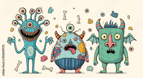 Three whimsical, cartoonish monsters with multiple eyes and horns, set against a plain background.