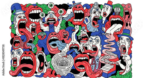Chaotic illustration featuring numerous faces with wide-open mouths, tongues sticking out, and expressive features in a vibrant, surreal composition.