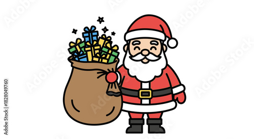 Cartoon Santa Claus stands smiling, holding a large sack overflowing with colorful gifts and stars.