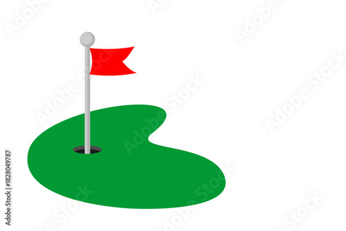 A vibrant flat design vector illustration depicting a golf course green with a red flag marking the hole, set against a clean white background.
