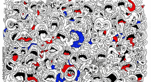 A chaotic crowd of screaming faces, with a few figures highlighted in blue and red, creating a surreal and unsettling composition.