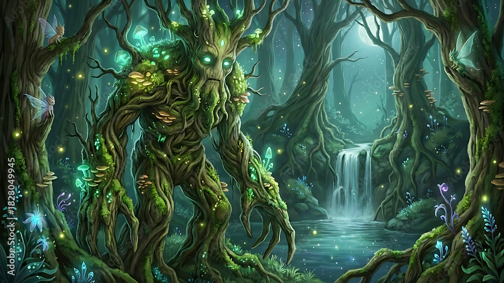 Fototapeta premium Enchanted Forest Guardian Tree Monster with Glowing Eyes and Fairies stock