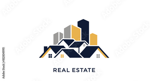 Stylized real estate logo featuring houses and buildings in blue, gold, and white.