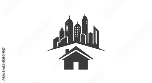 A stylized silhouette logo featuring a cityscape of modern buildings rising above a simple house silhouette, symbolizing real estate or urban development.