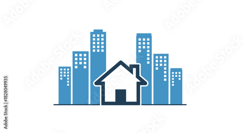 A white house icon positioned in front of a blue city skyline, representing real estate, urban development, and property investment.