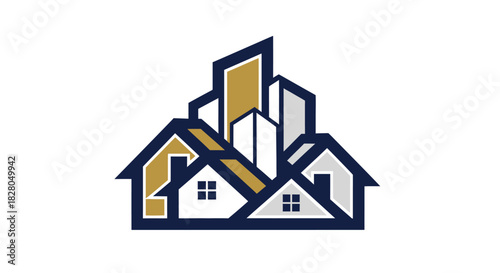 A stylized logo featuring a cluster of houses and city skyscrapers together.