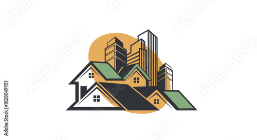 An illustration of houses and skyscrapers, representing urban and suburban areas.