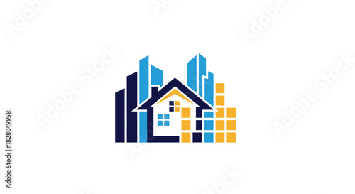 A stylized logo depicting a house in front of a cityscape with blue and yellow color scheme.