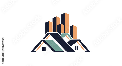 Stylized logo featuring houses with roofs and windows, and buildings in the background, all in a modern, geometric design.