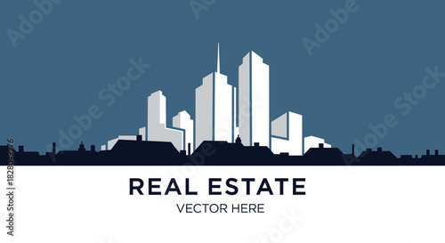 Silhouette of a city skyline with tall buildings against a dark blue background. "Real Estate" text is displayed.