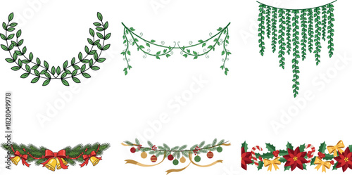 Set of decorative christmas garlands isolated on transparent background, festive floral ornaments for holiday season