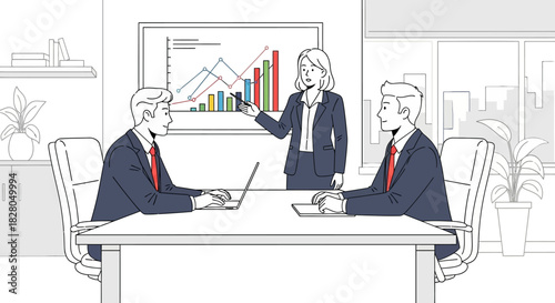 Businesswoman presenting financial data to colleagues during a meeting in an office setting.