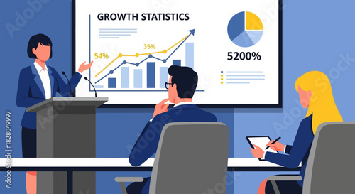 A businesswoman presenting growth statistics to a seated audience during a meeting.