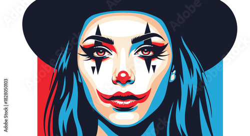 A woman with clown makeup and a hat, rendered in a stylized, graphic art style with red, white, and blue accents.