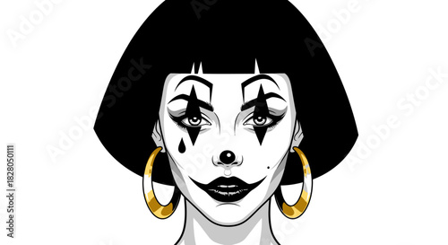 A stylized portrait of a woman with clown-like makeup and large hoop earrings.
