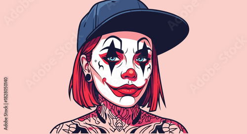 A stylized illustration of a person with clown makeup and a baseball cap.