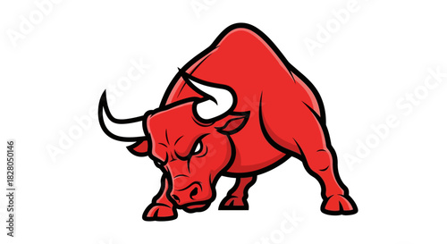 A stylized, red bull with prominent horns stands aggressively, ready to charge, against a white background.