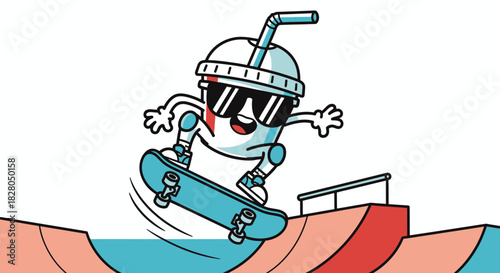 Animated milkshake character with sunglasses skateboarding on a ramp.