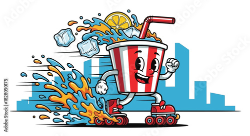 Cartoon soda cup character on roller skates, splashing liquid and ice, against a city skyline.