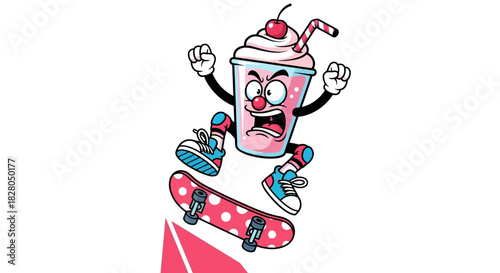 Cartoon milkshake character with angry expression riding a pink polka-dot skateboard, jumping over a ramp.