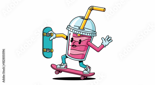 Animated milkshake character skateboarding with a happy expression, holding a board.