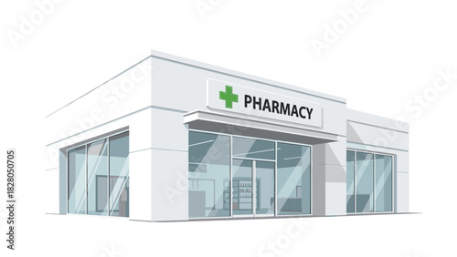 Modern pharmacy building offering healthcare solutions and wellness products with clear glass entrance and sleek architectural design elements