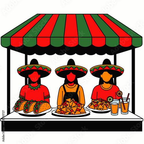 Three vibrant vendors wearing traditional sombreros are selling delicious Mexican street food, including tacos, nachos, and refreshing drinks, at a colorful market stall.