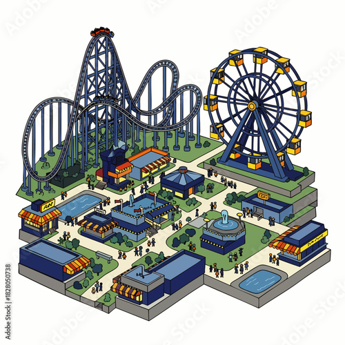 An engaging isometric illustration depicts a bustling amusement park with thrilling roller coasters, a towering Ferris wheel, and numerous visitors enjoying various attractions.