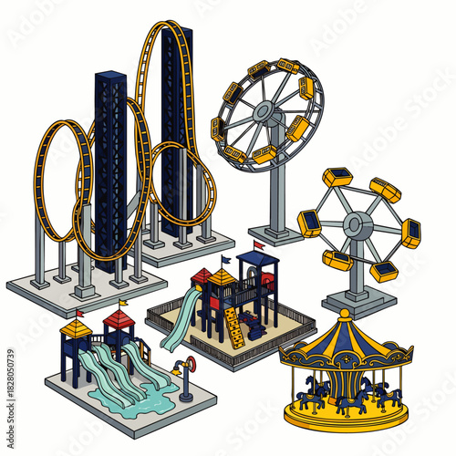 Vibrant isometric illustration showcasing a diverse collection of thrilling amusement park rides and fun playground equipment, perfect for family entertainment.