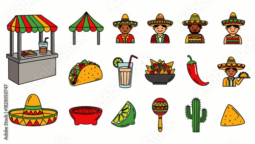 A vibrant collection of traditional Mexican food, cultural symbols, and festive characters perfect for celebrating Cinco de Mayo or any fiesta.