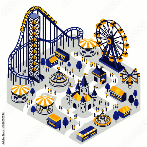 An exciting isometric illustration depicts a vibrant amusement park bustling with visitors enjoying thrilling rides and classic attractions under a sunny sky.