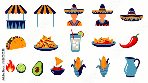 This vibrant collection of flat design icons beautifully illustrates diverse elements representing traditional cuisine, festive culture, and market experiences from Mexico.