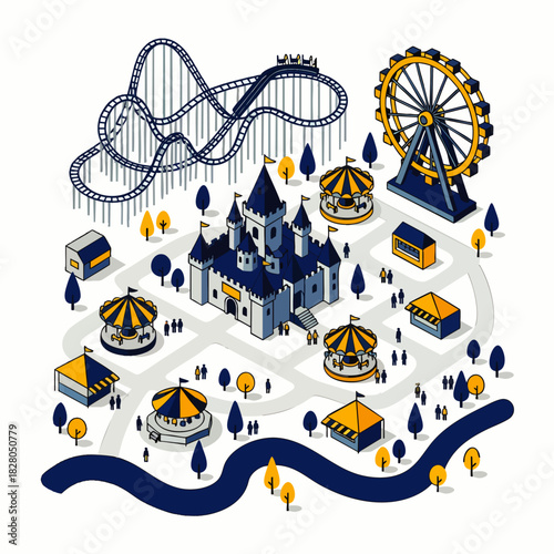 A vibrant isometric illustration depicts a bustling amusement park, showcasing a majestic castle, thrilling roller coaster, Ferris wheel, and fun carousels.