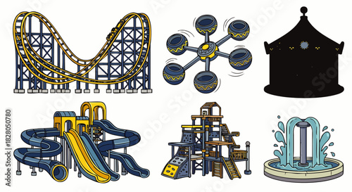 Vibrant illustration of amusement park attractions: rollercoaster, water slides, and playground structures, perfect for family fun.