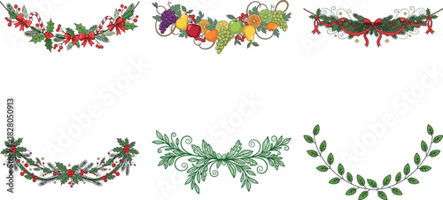 Festive christmas garlands isolated on transparent background, featuring holly, berries, and decorative elements for holiday cheer