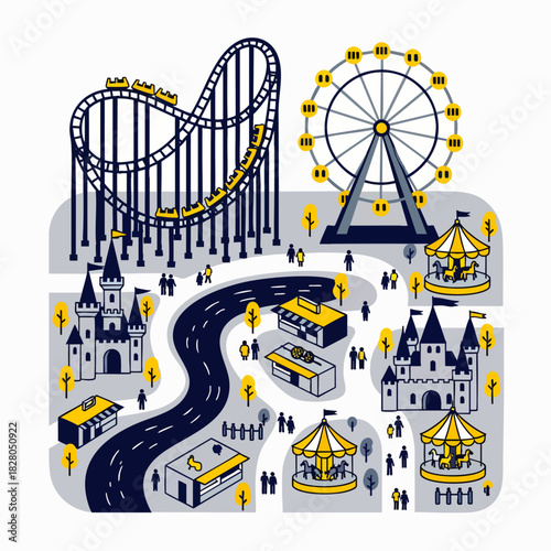 An exciting aerial illustration showcases a vibrant amusement park filled with thrilling rides, charming castles, and joyful visitors enjoying various attractions under a clear sky.