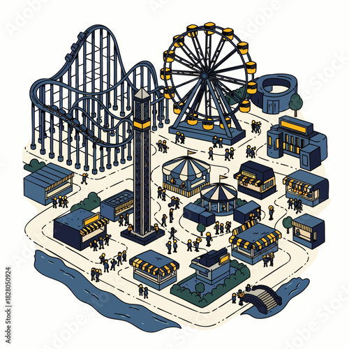 Isometric illustration of a bustling amusement park, featuring a roller coaster, Ferris wheel, and lively stalls, with visitors enjoying various exciting rides.