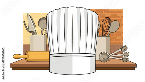 Stylish chef's hat with kitchen utensils on counter ready for creative cooking and baking adventures in your next culinary project