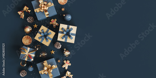 Christmas decoration with Christmas presents on blue background with copy space. Christmas banner design. 3D Rendering, 3D Illustration